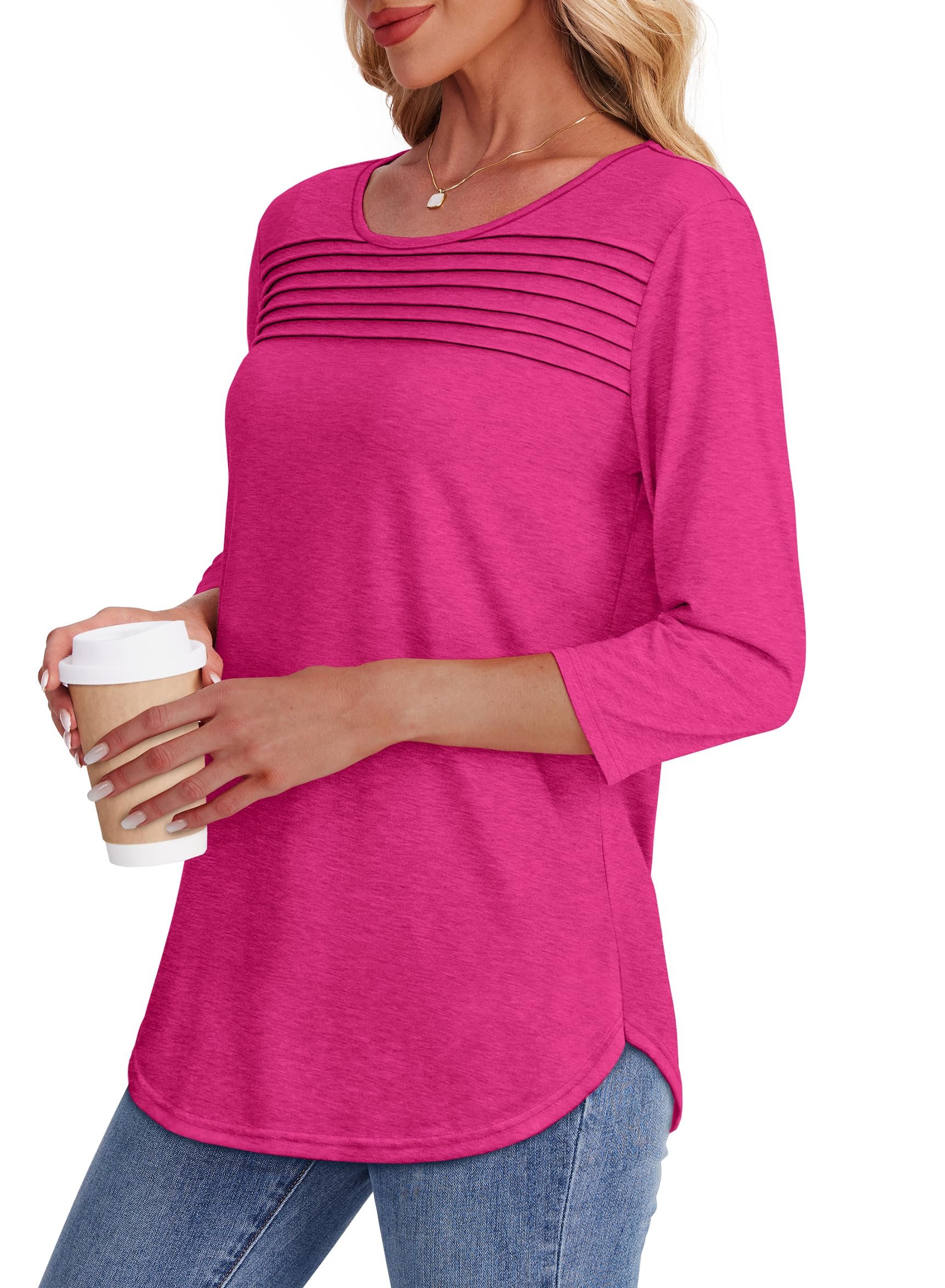 🔥 2025 Women's 3/4 Length Sleeve Top Pleated Front T-Shirt