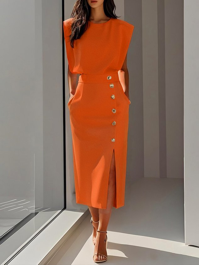 Solid Color Button Slit Crew Neck Sheath Midi Dress
