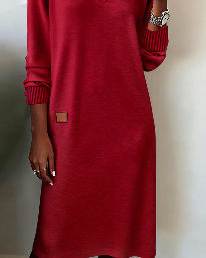 2025 autumn and winter new v-neck solid color long-sleeved dress