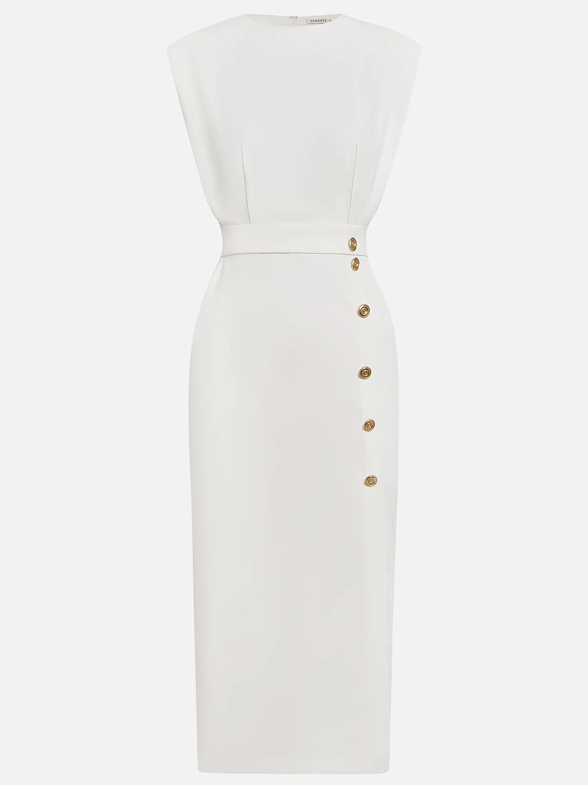 Solid Color Button Slit Crew Neck Sheath Midi Dress