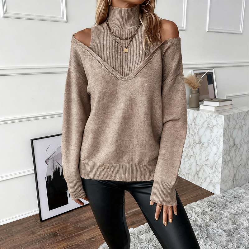 [S-XL] Fashionable women's high-neck off-the-shoulder cardigan