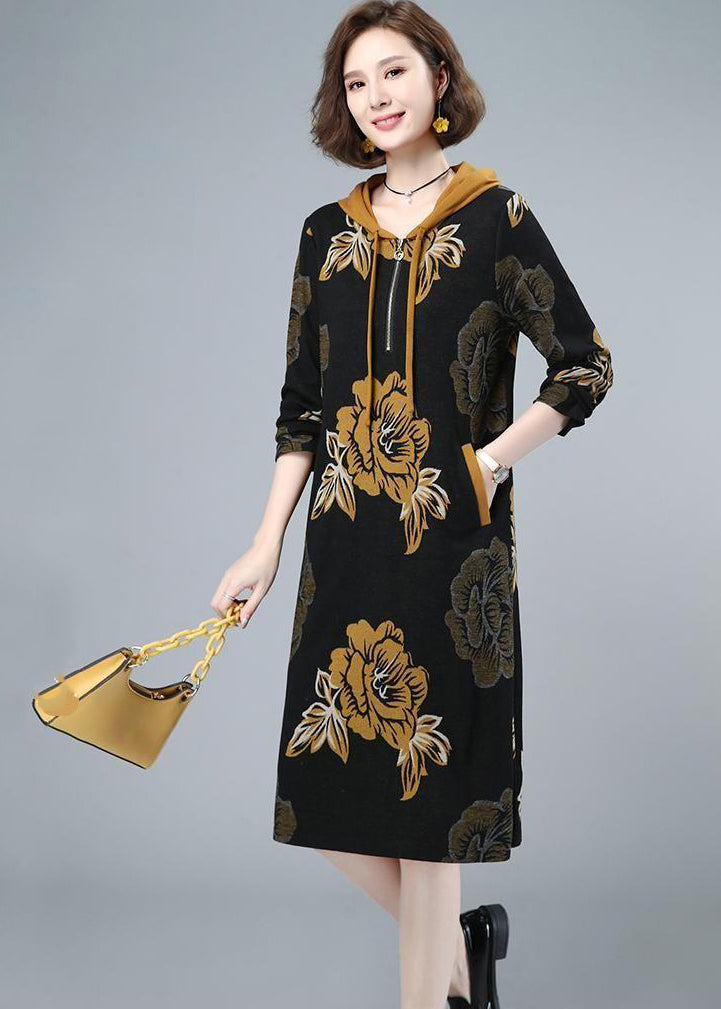 2026 Fashion Floral Cinched Velour Hooded Dress Fall