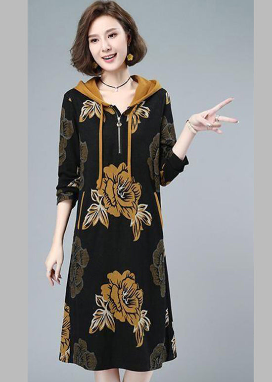2026 Fashion Floral Cinched Velour Hooded Dress Fall