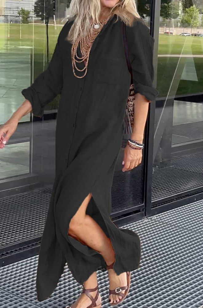 [S-3XL]2025 European and American new solid color V-neck half-sleeve dress