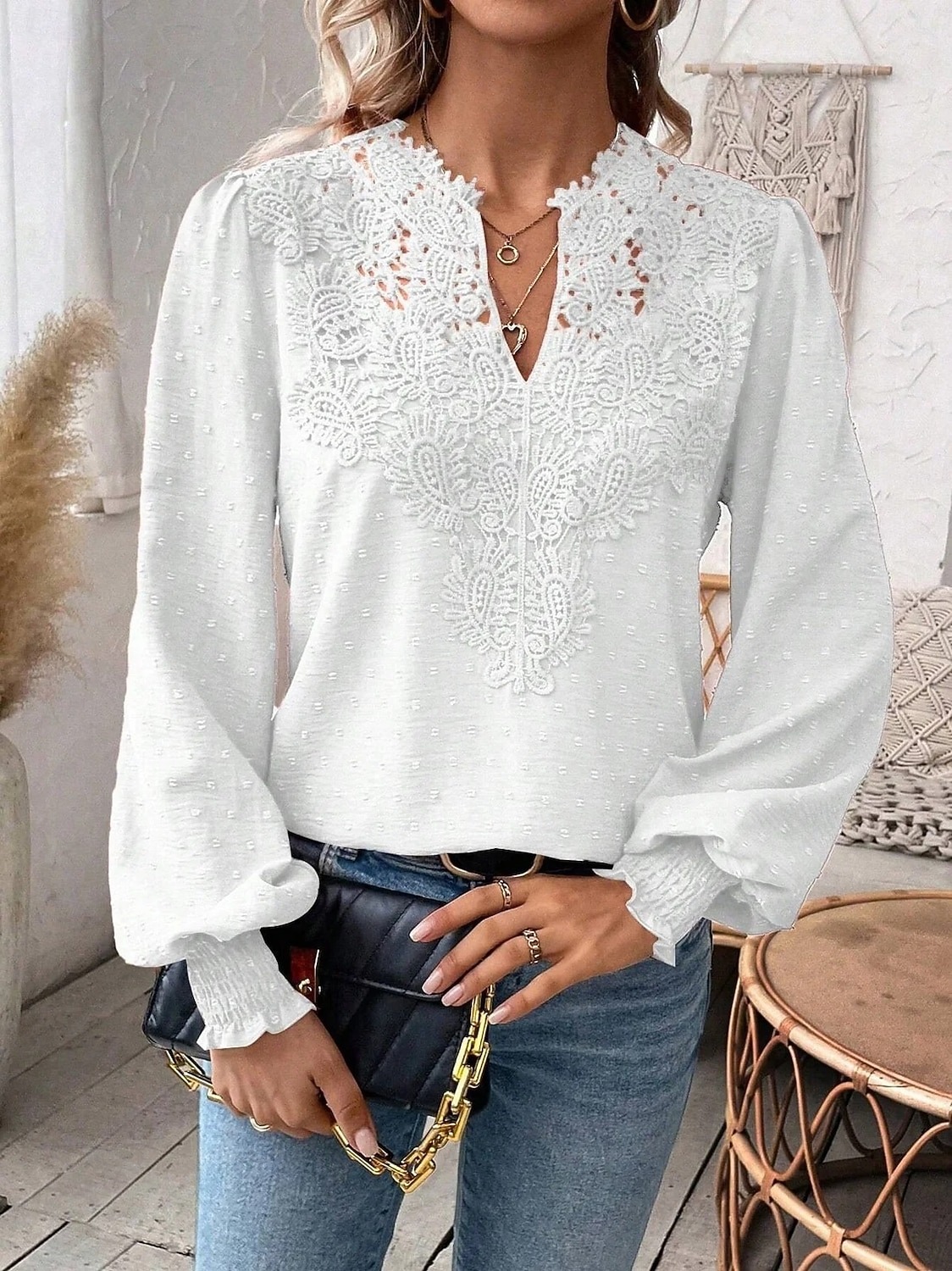 Women's Solid Color Long Sleeve Casual Lace Patchwork Top