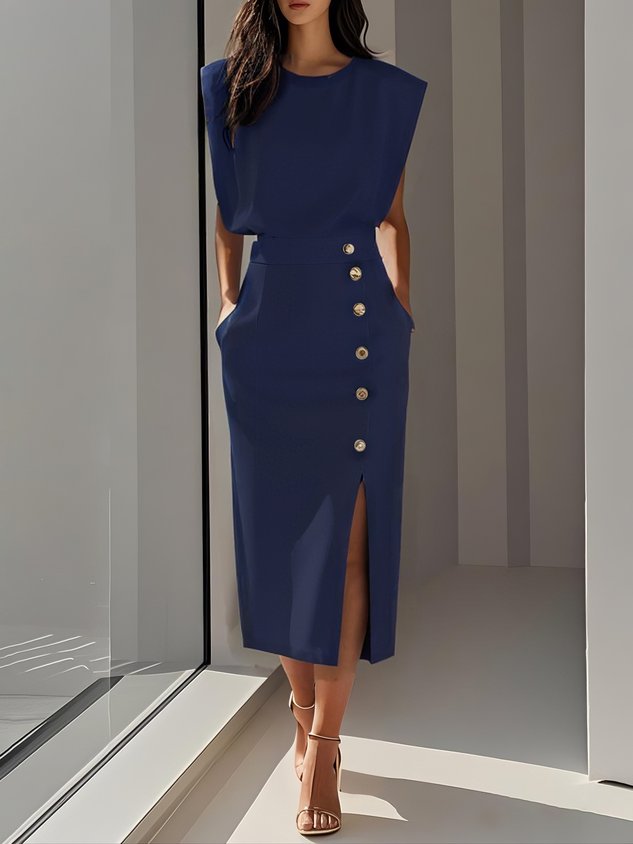 Solid Color Button Slit Crew Neck Sheath Midi Dress