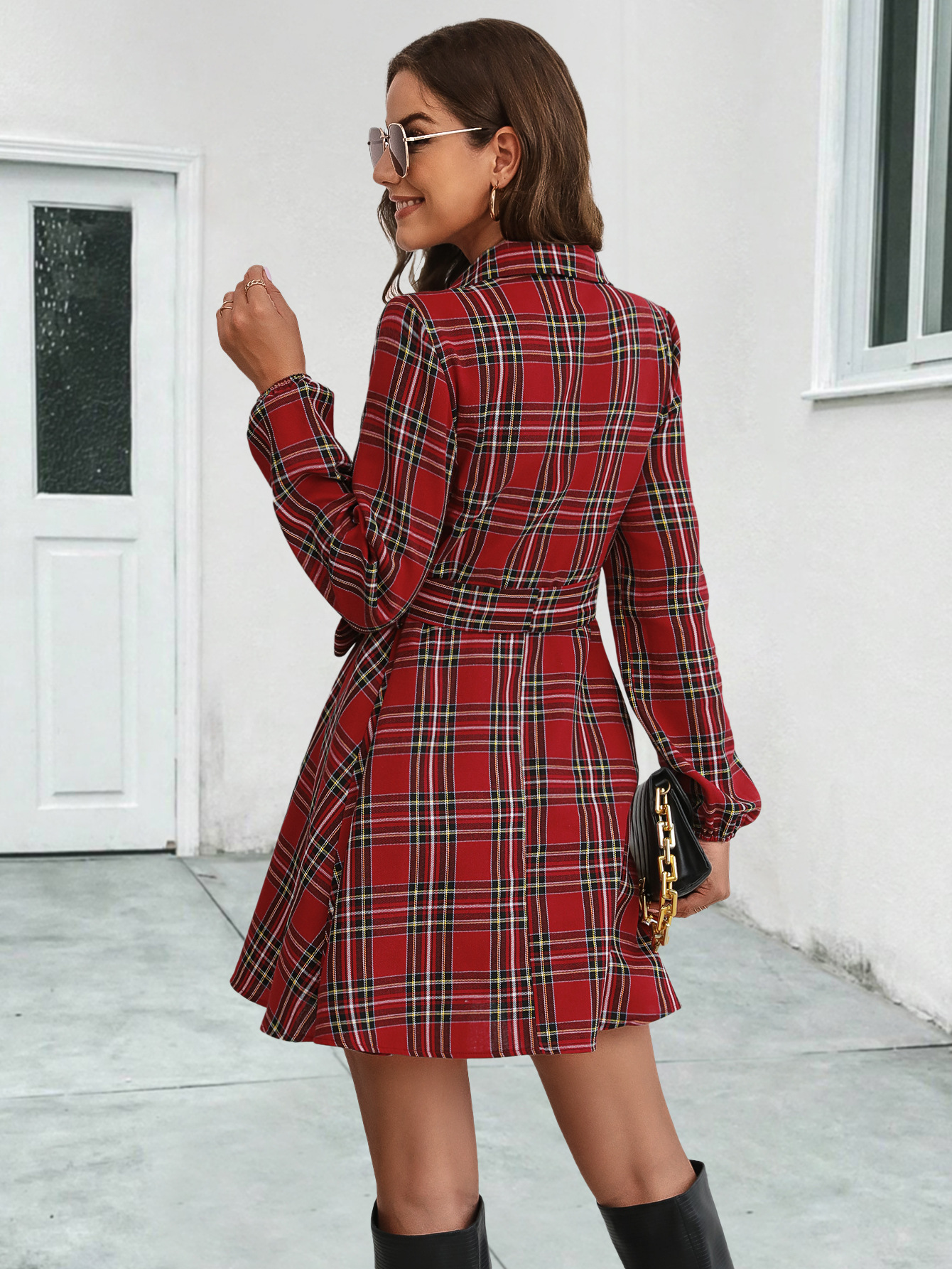 【S-XL】2025 Autumn/Winter New Plaid Lantern Sleeve Shirt Dress
