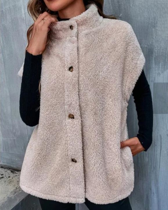 【S-2XL】2025 Autumn/Winter New Solid Color Buttoned Plush Vest Coat