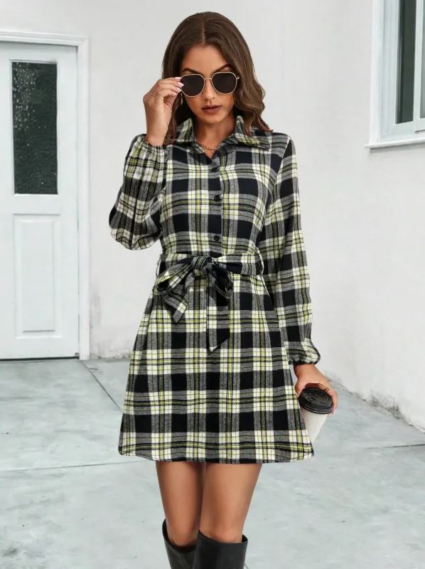 2024 New Cross-Border European And American Clothing Amazon Independent Station Popular Lantern Sleeve Plaid Shirt Dress