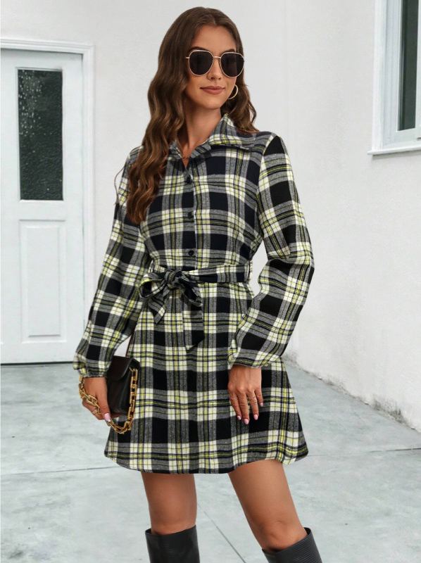 2024 New Cross-Border European And American Clothing Amazon Independent Station Popular Lantern Sleeve Plaid Shirt Dress