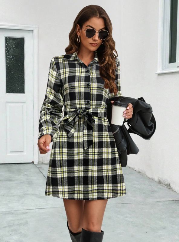 2024 New Cross-Border European And American Clothing Amazon Independent Station Popular Lantern Sleeve Plaid Shirt Dress