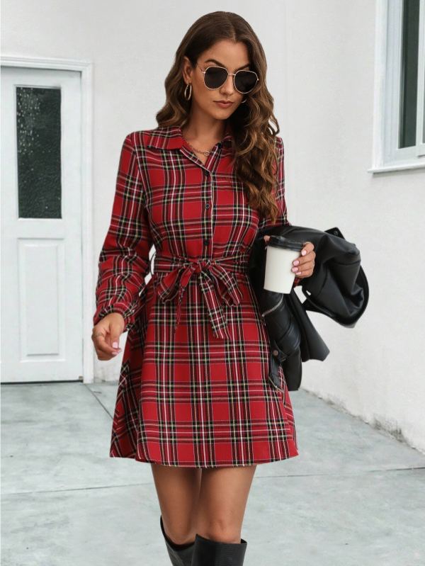 2024 New Cross-Border European And American Clothing Amazon Independent Station Popular Lantern Sleeve Plaid Shirt Dress