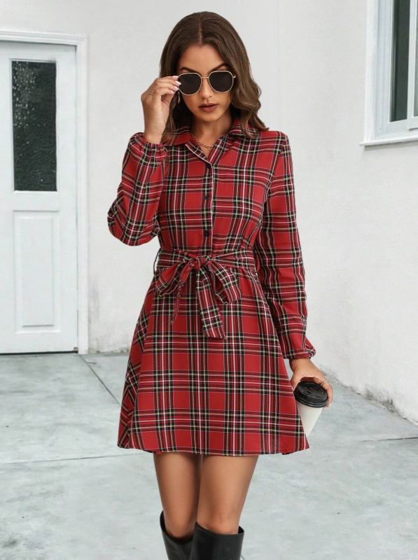 2024 New Cross-Border European And American Clothing Amazon Independent Station Popular Lantern Sleeve Plaid Shirt Dress