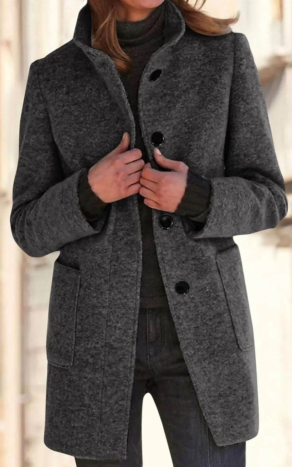 2025🔥Women's Long Casual Solid Color Wool Thicken Long Sleeved Stand-up Coat