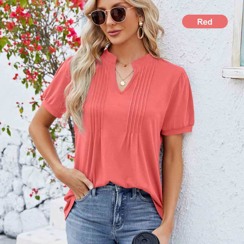 2025 Hot Sale Women's Solid Color V-Neck Pleated Short Sleeves