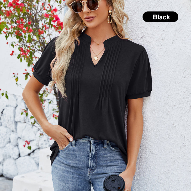 2025 Hot Sale Women's Solid Color V-Neck Pleated Short Sleeves
