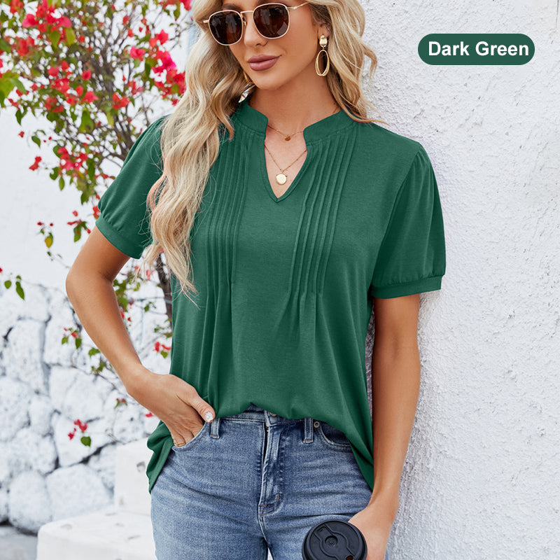 2025 Hot Sale Women's Solid Color V-Neck Pleated Short Sleeves