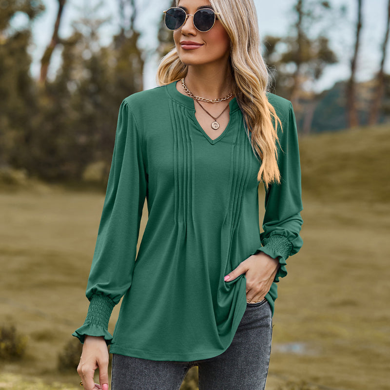 V-Neck Pleated Stretch Smocked Cuffed Top