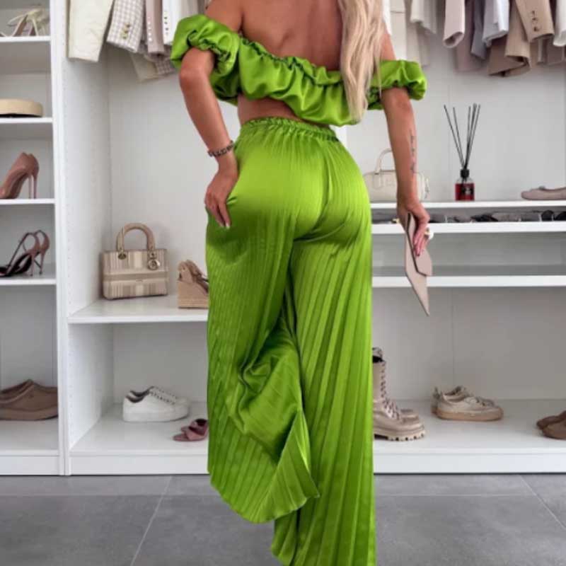 💖LAST DAY SALE 60% OFF💖Women’s Sexy Solid Color Top Wide Leg Pants Two Pieces Set