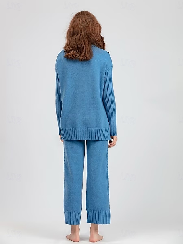 Turtleneck Sweater Co-ords Knitted Fall Winter Home Basic Casual Long Sleeve Solid Color Royal Blue Orange