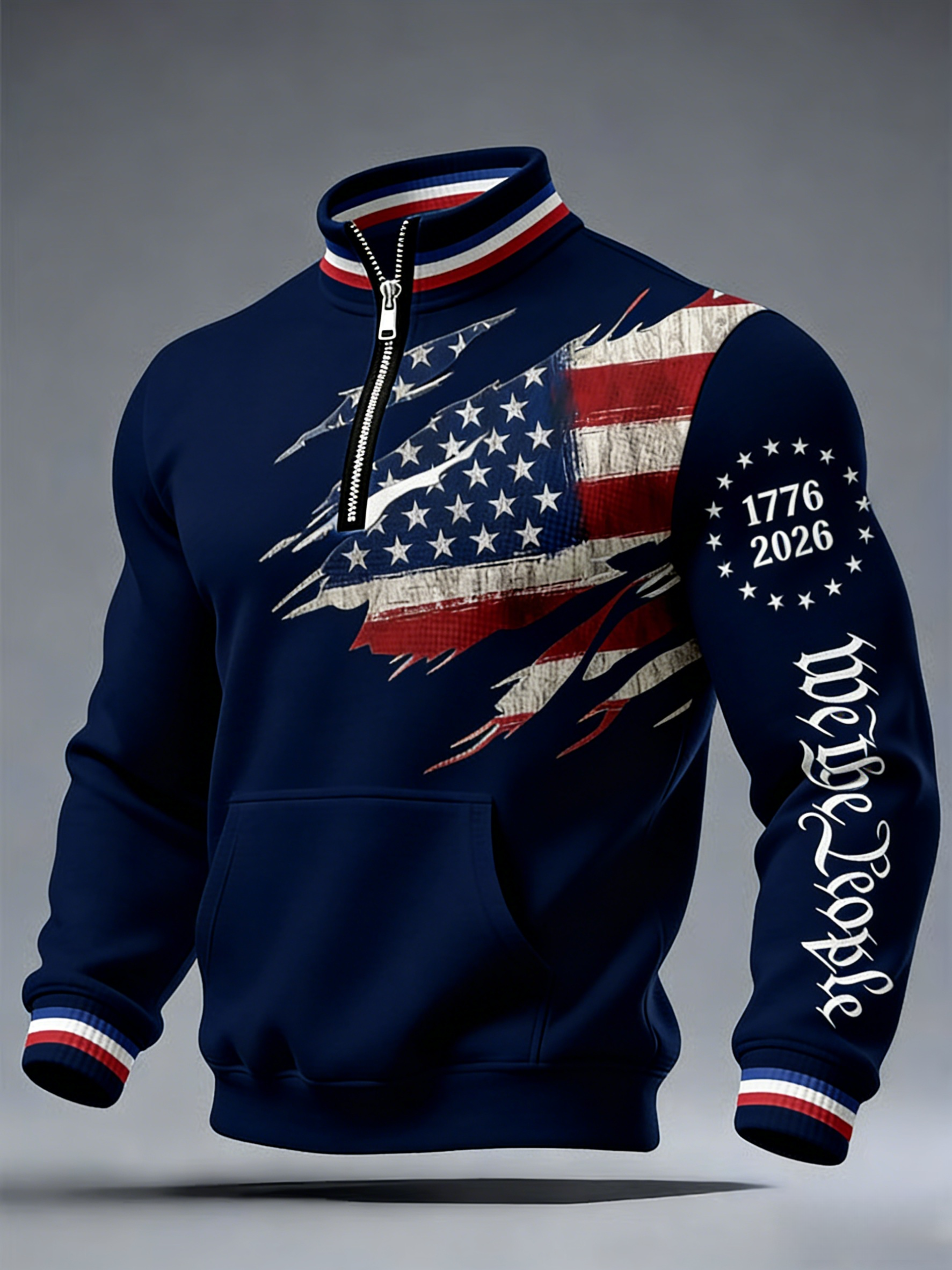 Men's 250th America Anniversary Casual Printed Stand Collar Zip Waffle Sweatshirt