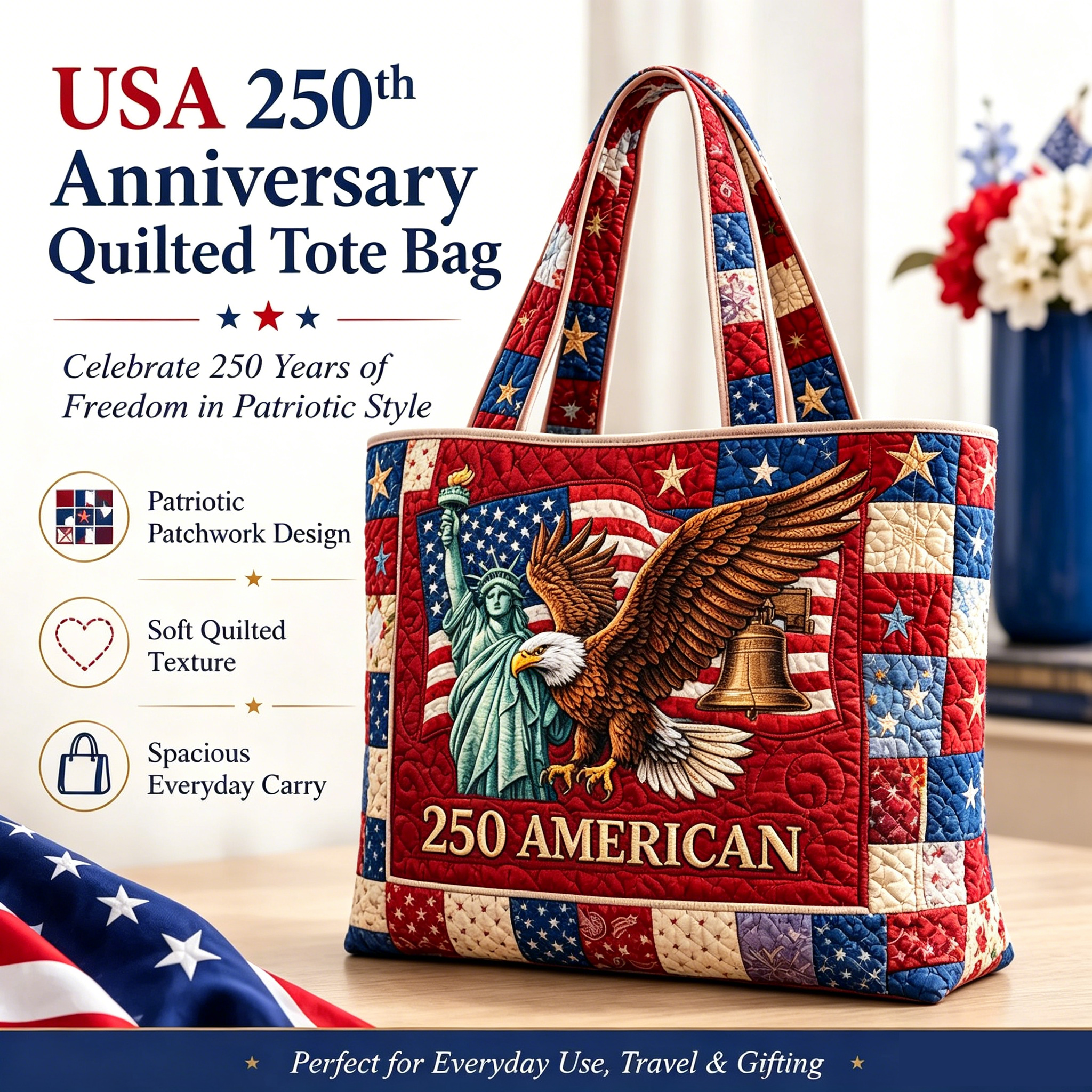 Patriotic Patchwork Quilted Tote Bag