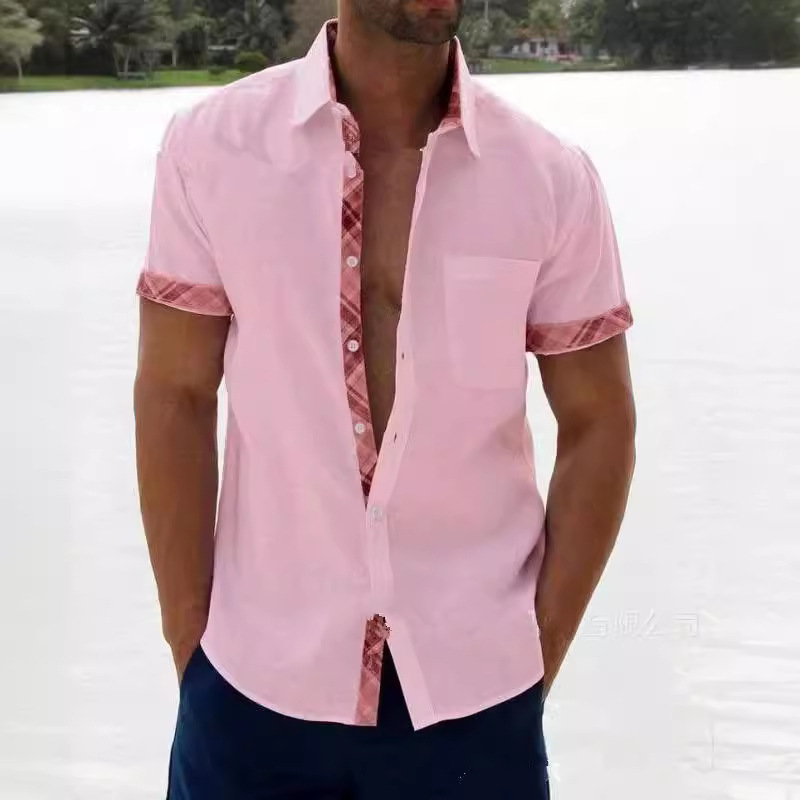 Men's casual color-blocked cardigan short-sleeved shirt