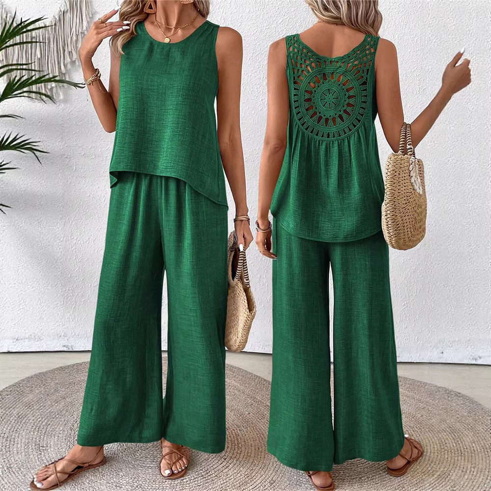 Solid Color Back Hollow Lace Suit Casual Two-Piece Suit