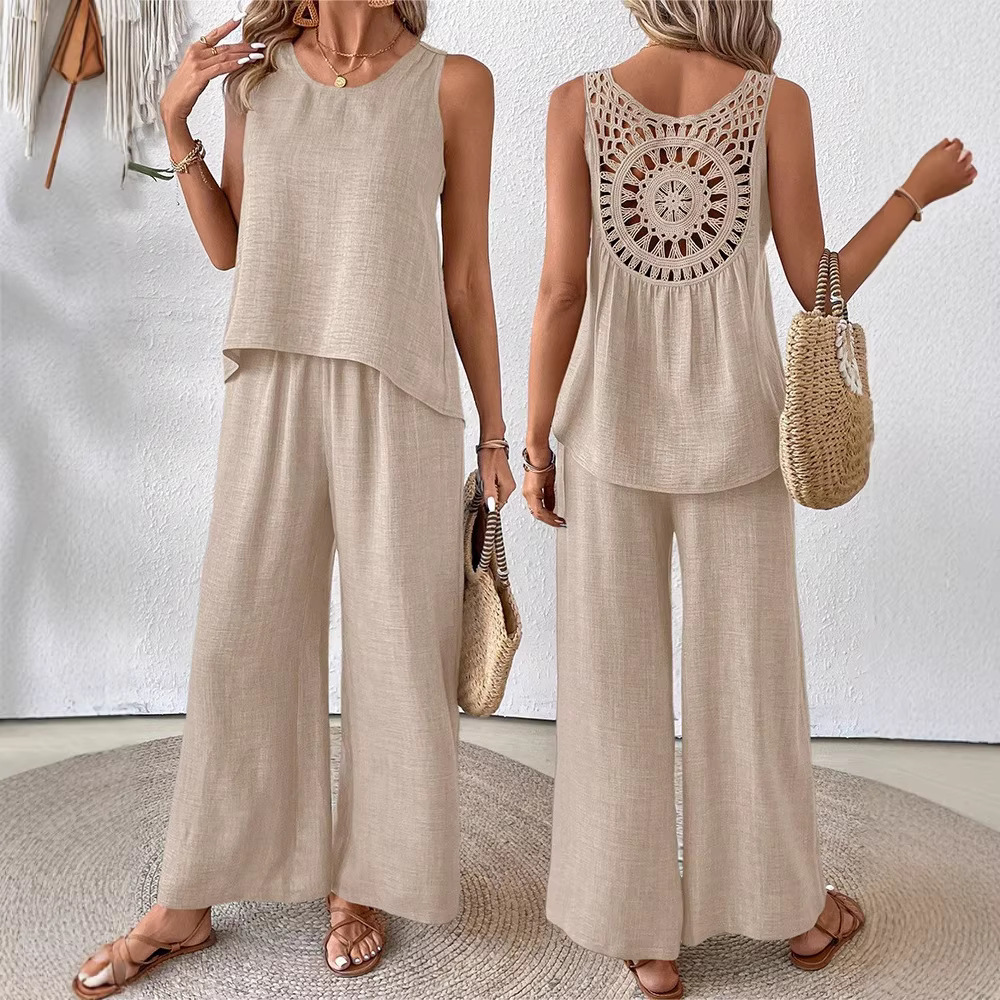 Solid Color Back Hollow Lace Suit Casual Two-Piece Suit
