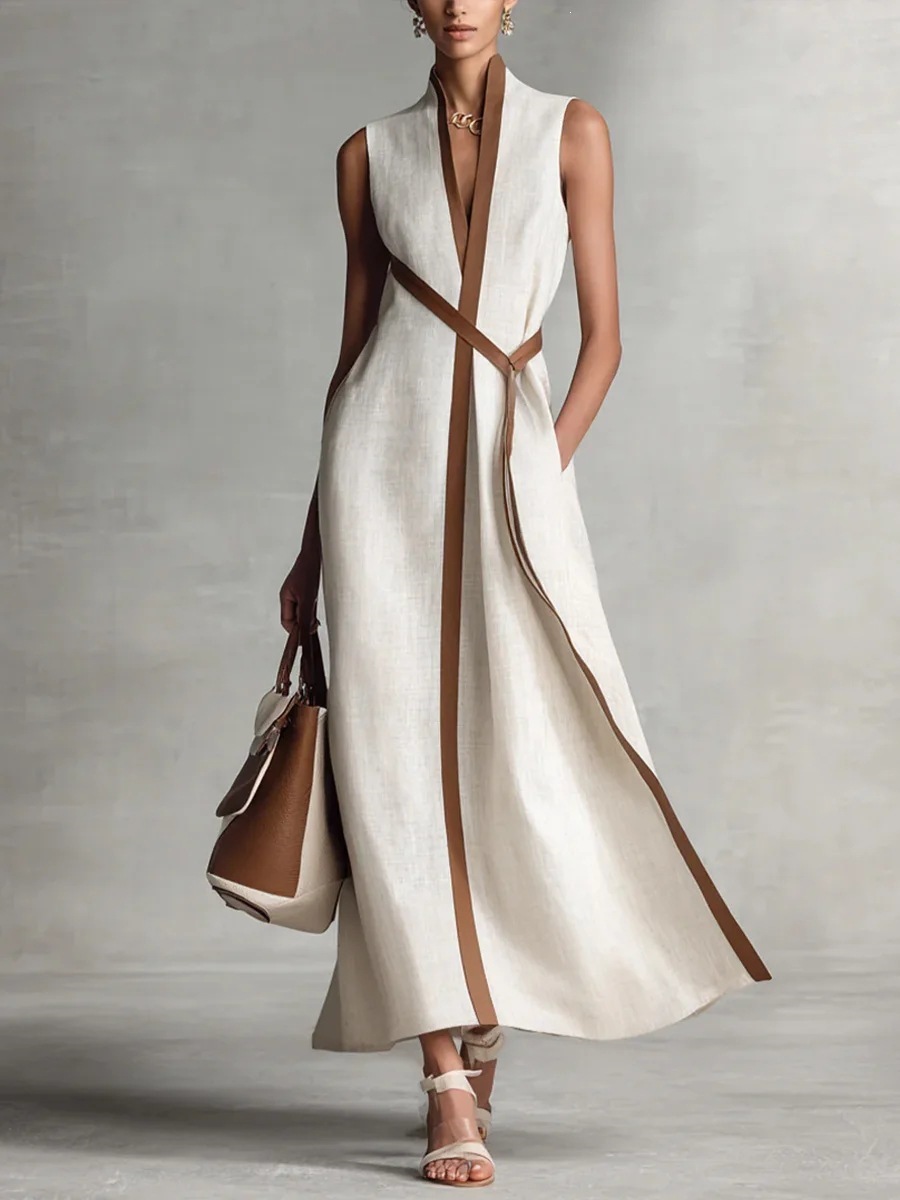 Women's color block sleeveless linen blend dress color options: burgundy, navy blue, sky blue, white, yellow