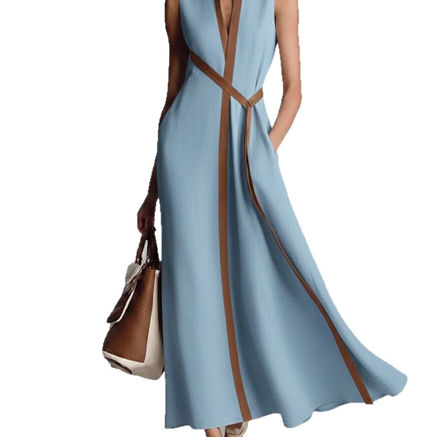 Women's sleeveless color block dress in sky blue, casual lifestyle photo showing summer styling