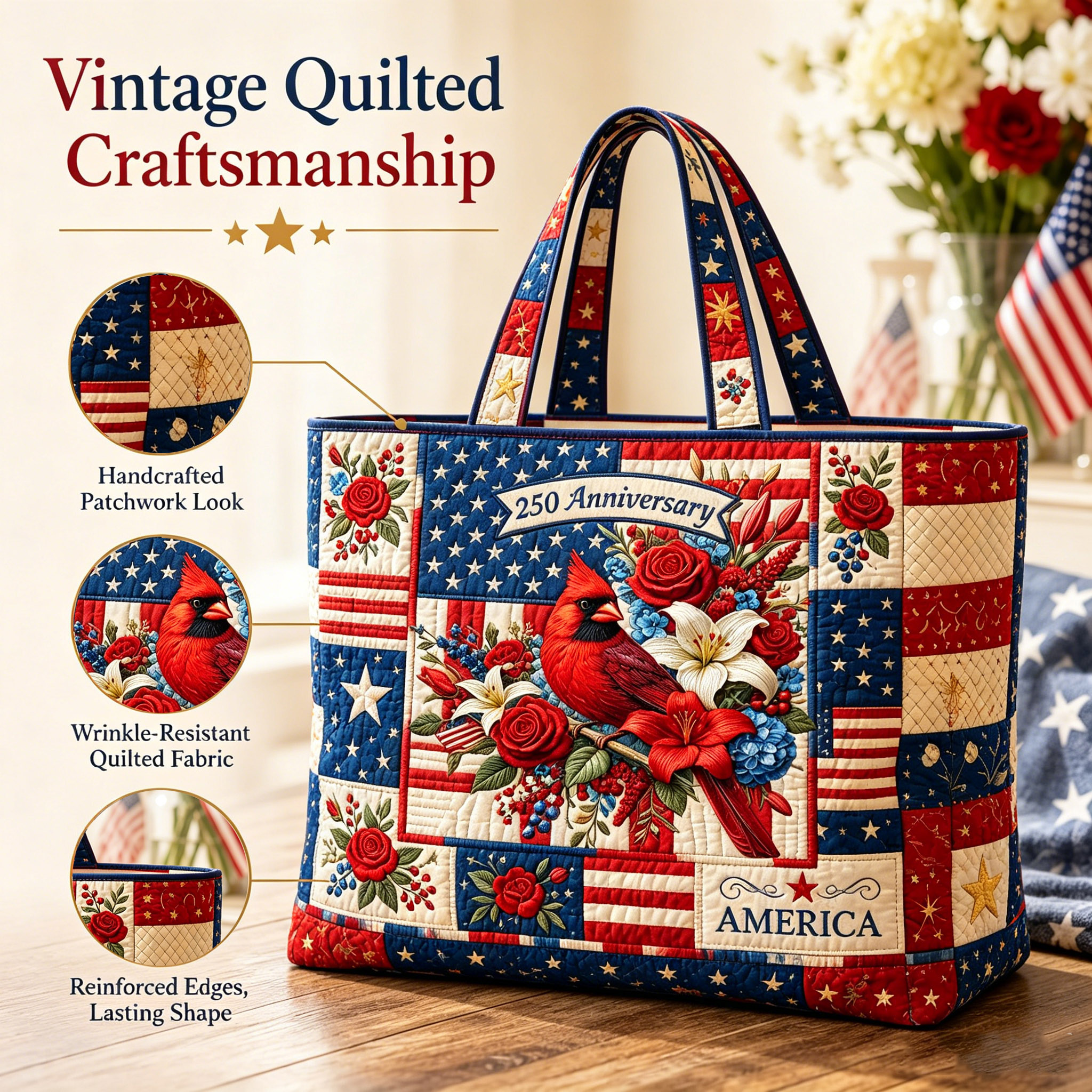 Patriotic Patchwork Quilted Tote Bag