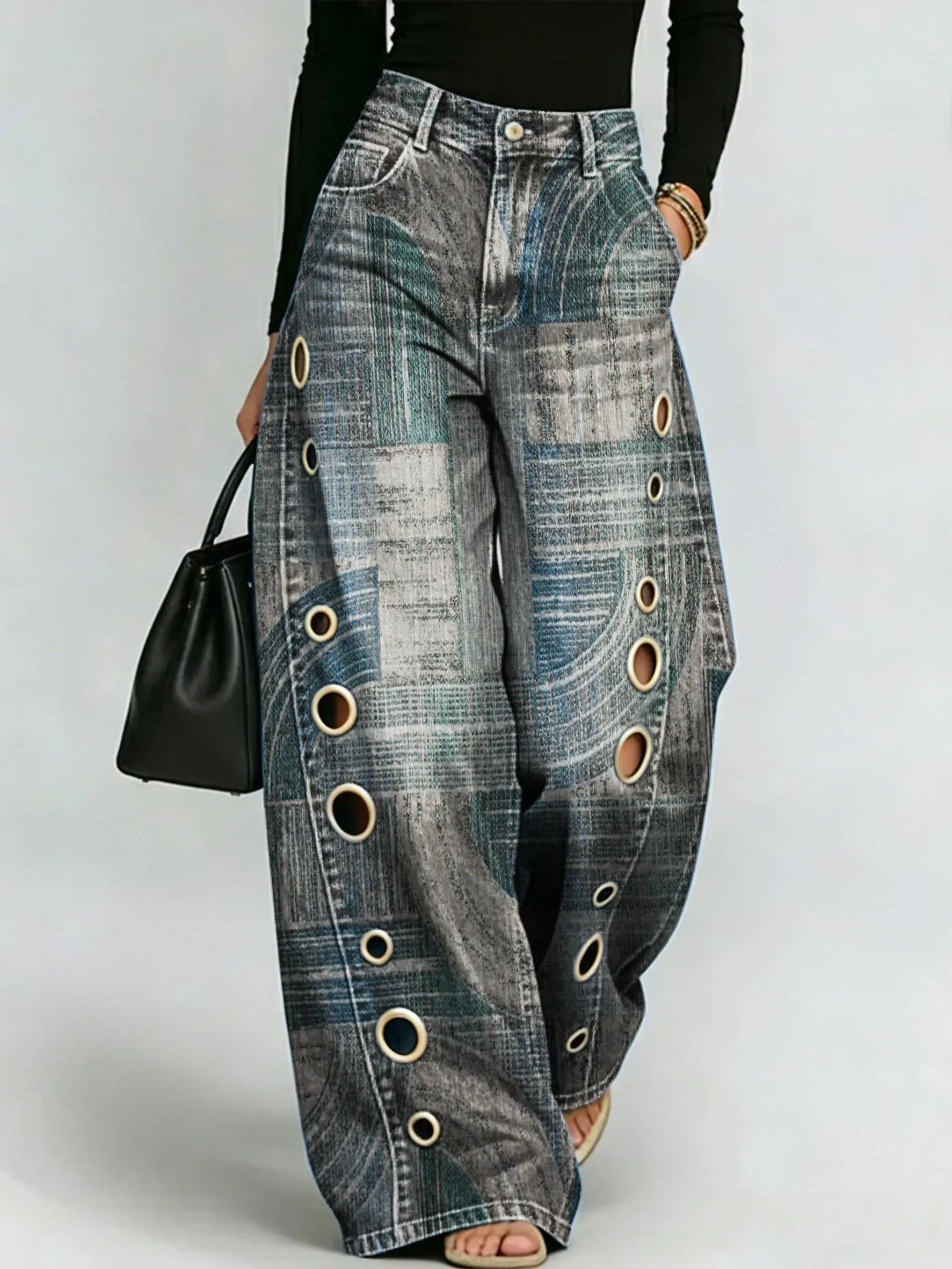 Women's Retro Floral Art Print Casual Stylish Hollow Denim Pants