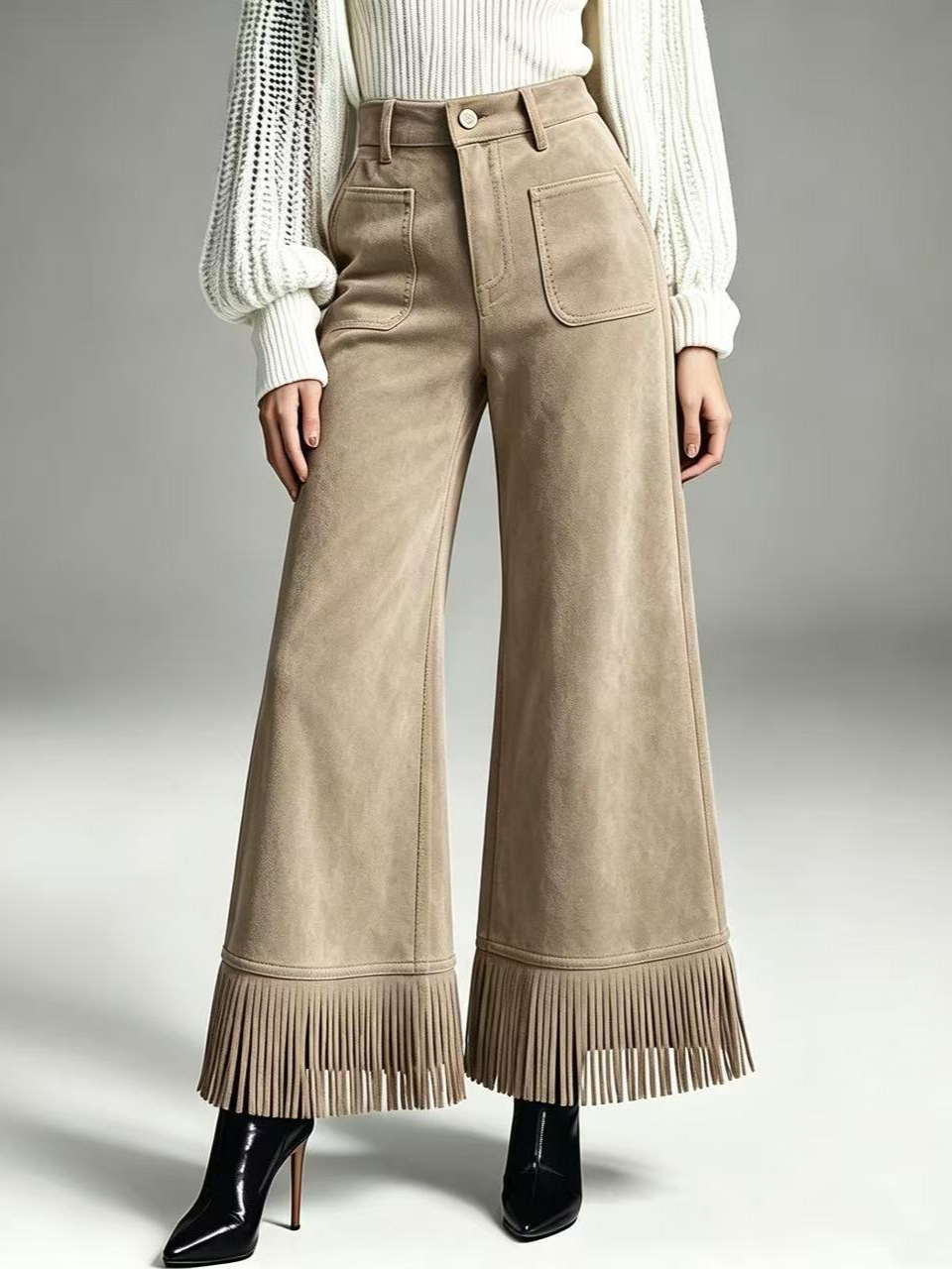 Women's high-waisted faux suede tassel wide-leg pants