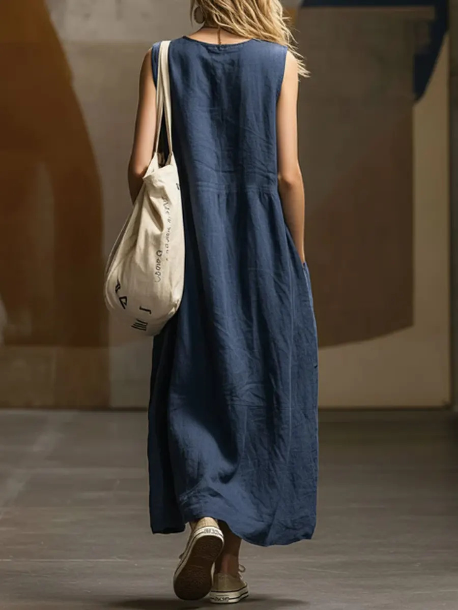 Womens Loose-Fitting Sleeveless Cotton Linen Pocket Dress – Casual A-Line Long Dress