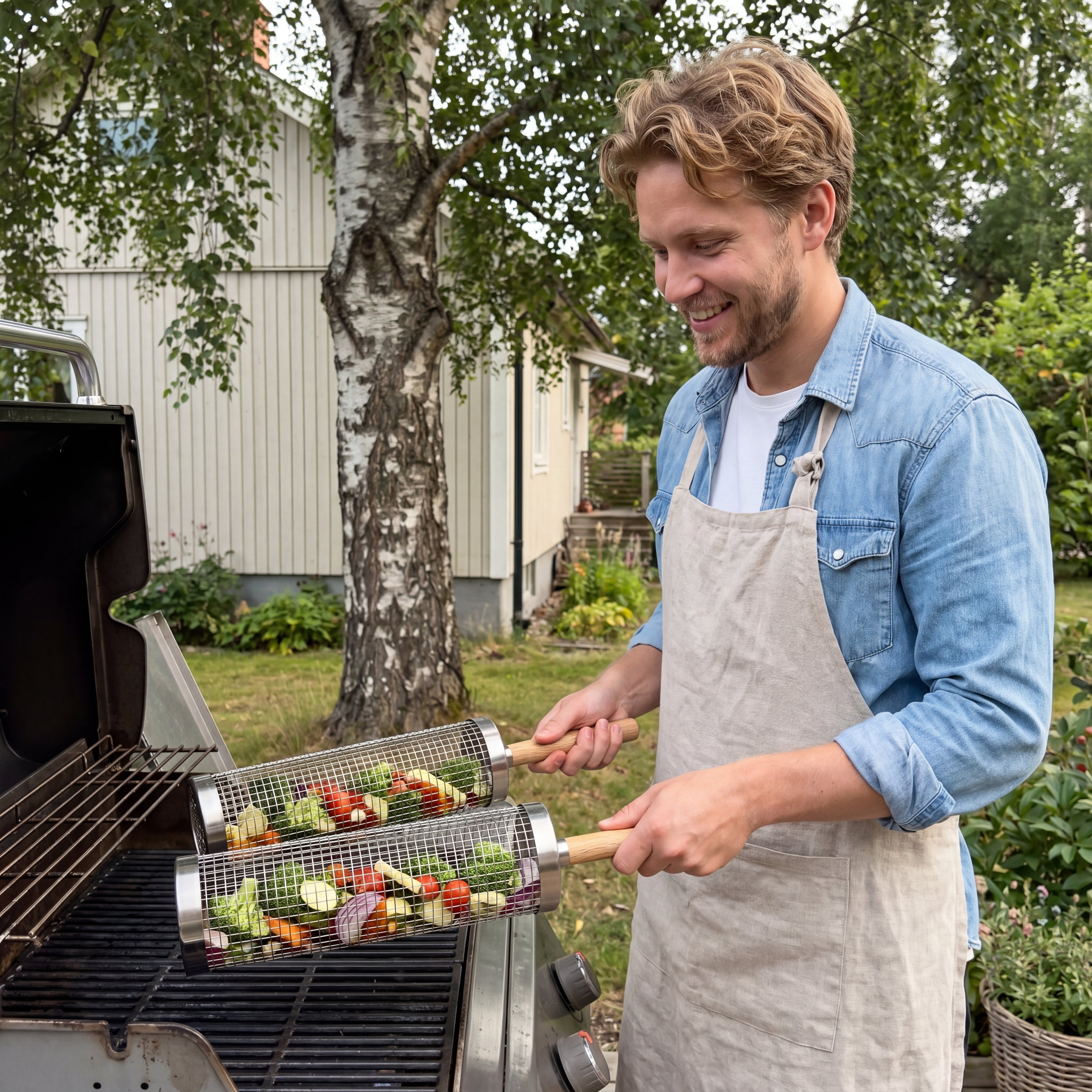 A person turning a grill basket using its wooden handle
