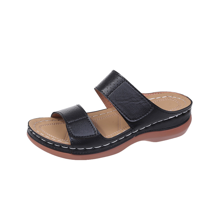 Women's Velcro solid color leather hollow breathable orthopedic wedge sandals