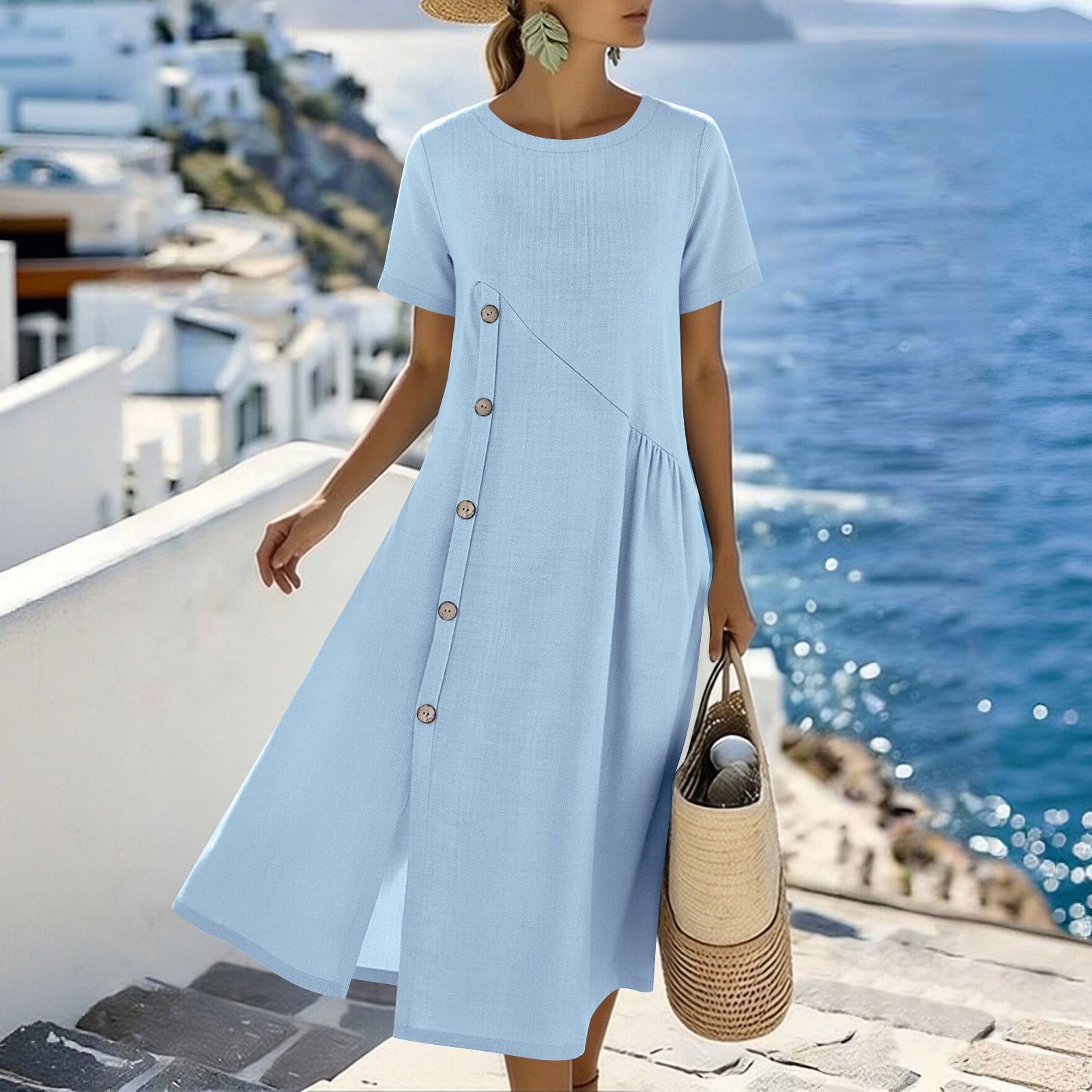 BRGZLK Women's Cotton Linen Dresses Summer Short Sleeve Casual Crew Neck Button Down Summer Vacation Beach Midi Dress Loose A-Line Slit Long Sundress Blue XL