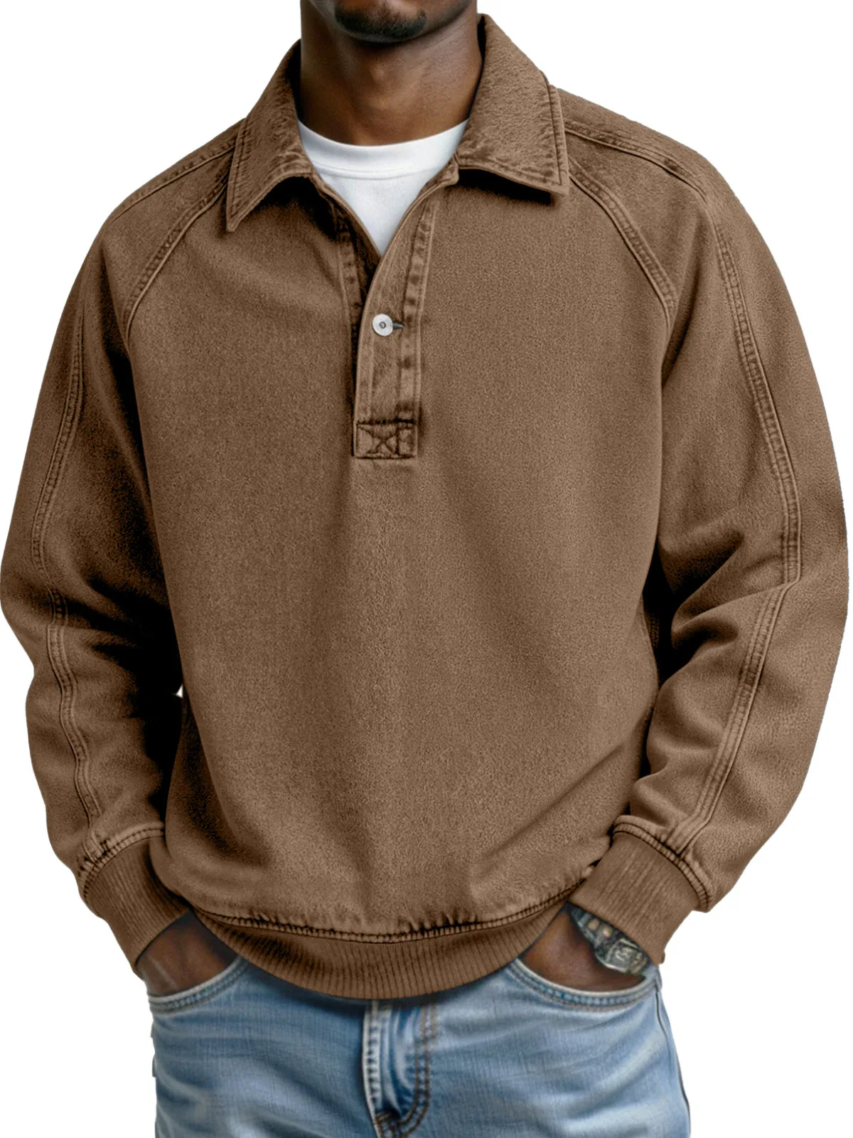 Retro Solid Color Patchwork Design Button Lapel Long-sleeved Polo Shirt