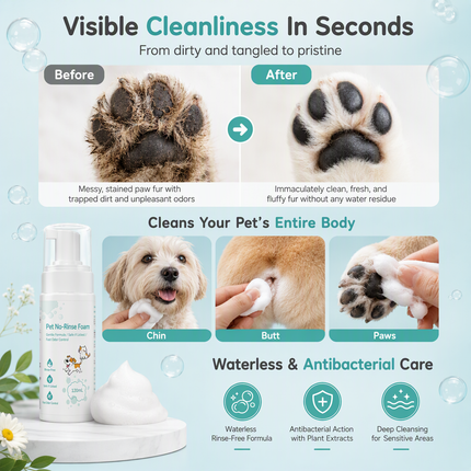No-rinse pet cleaning mousse used on paws, chin and selected fur areas