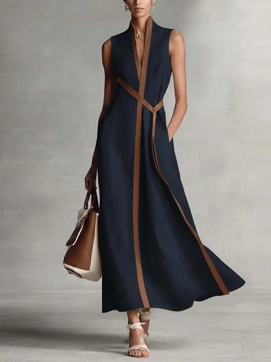 Women's color block stand collar dress in burgundy, full outfit view showing color block design detail