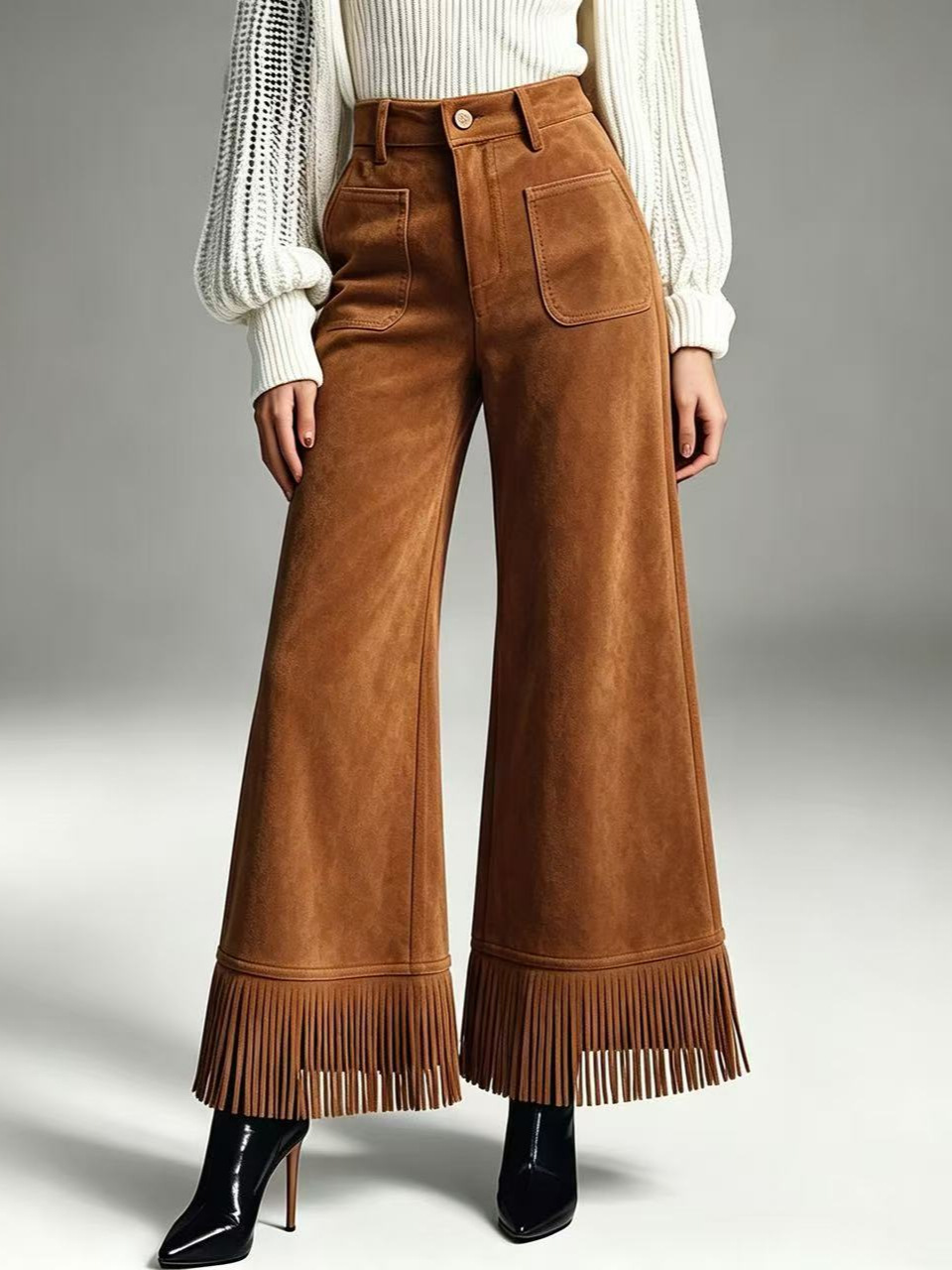 Women's high-waisted faux suede tassel wide-leg pants