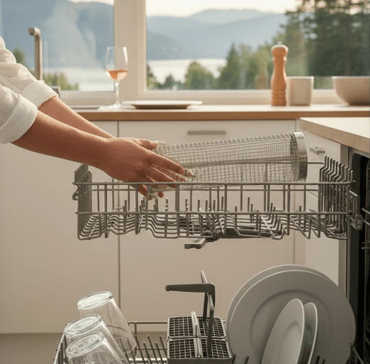 A stainless steel grill basket being placed in a dishwasher