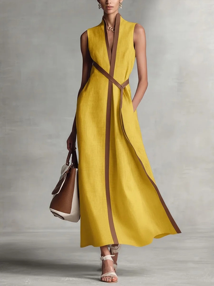 Women's color block sleeveless stand collar linen blend dress in white, front view showing full silhouette and color block detail