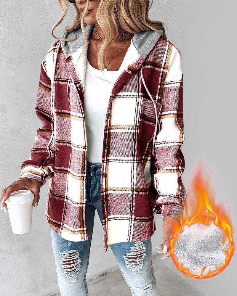 Plaid Pattern Long Sleeve Shacket Button Down Fleece Lined Hooded Jackets Warm Coat