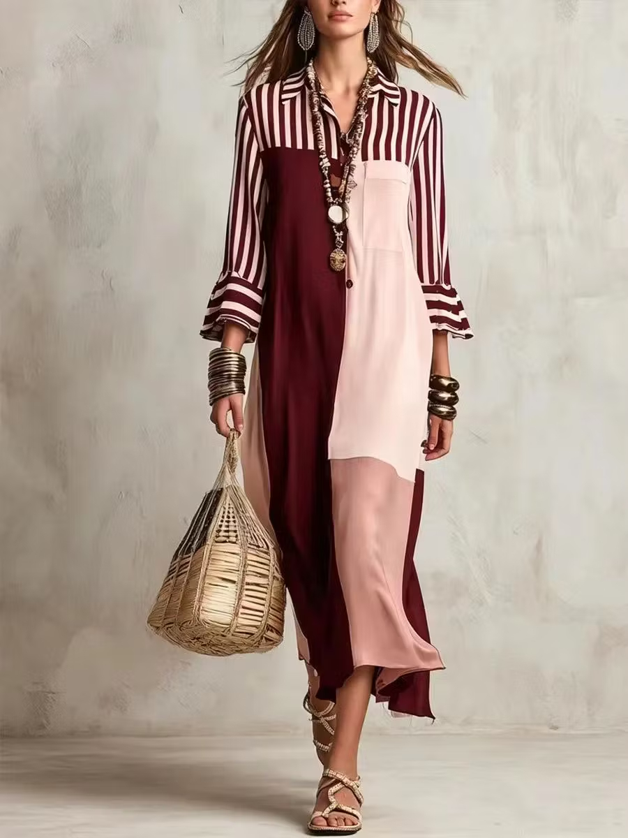 Modern and elegant striped shirt-dress for women, with ¾ length sleeves and a patchwork pattern.