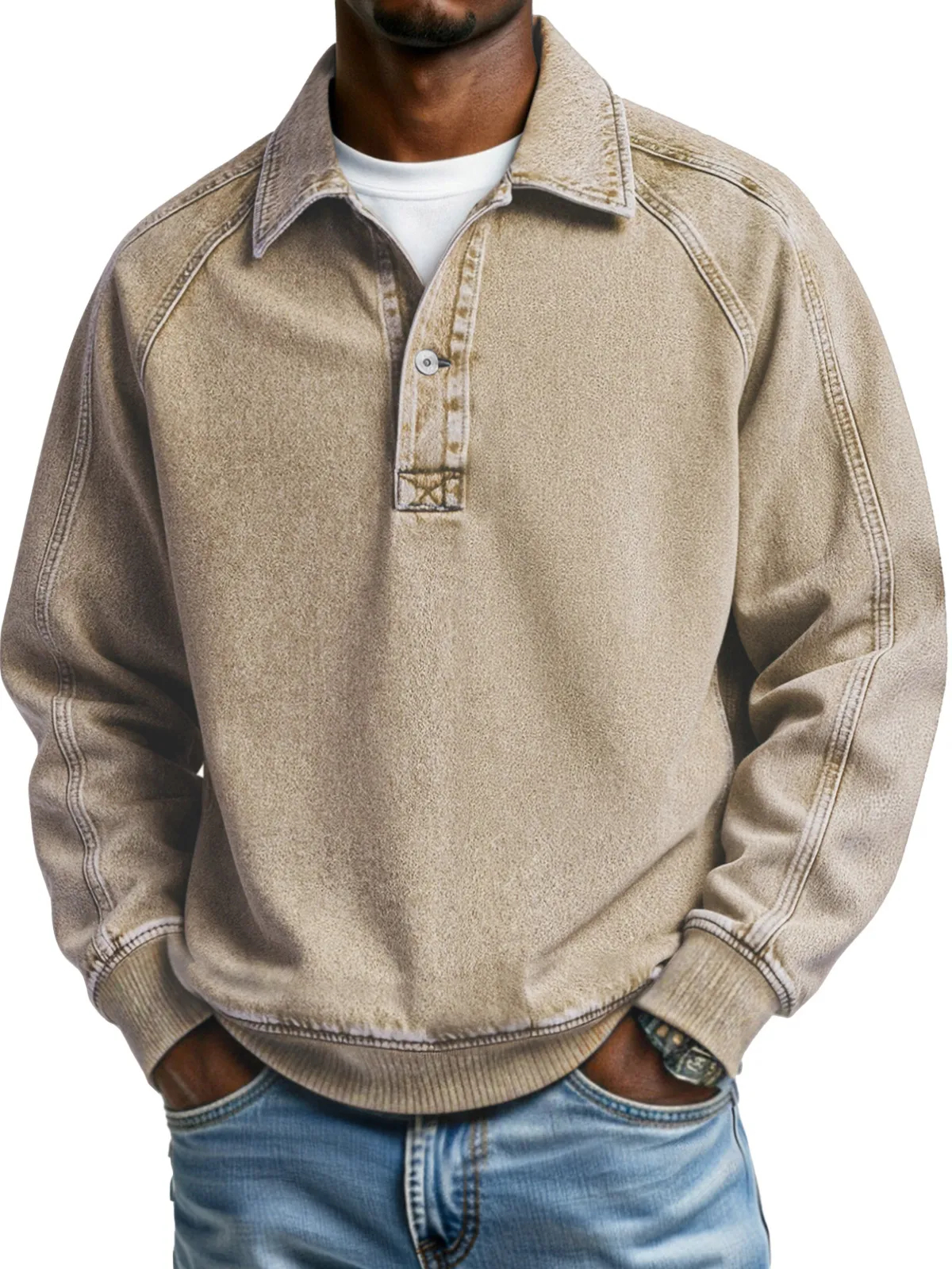 Retro Solid Color Patchwork Design Button Lapel Long-sleeved Polo Shirt