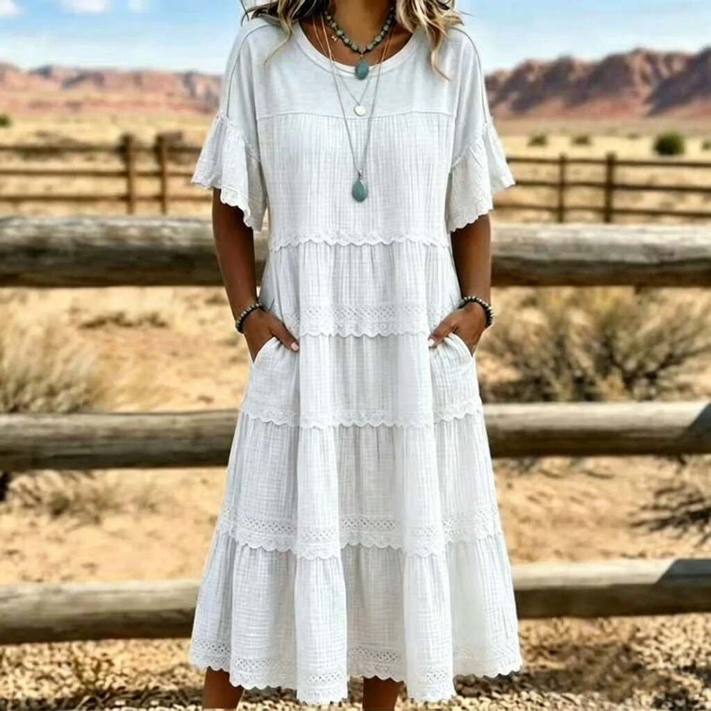 Retro art style pleated lace ruffle dress