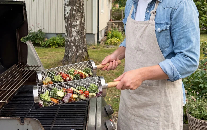 Rolling a filled basket on an outdoor grill