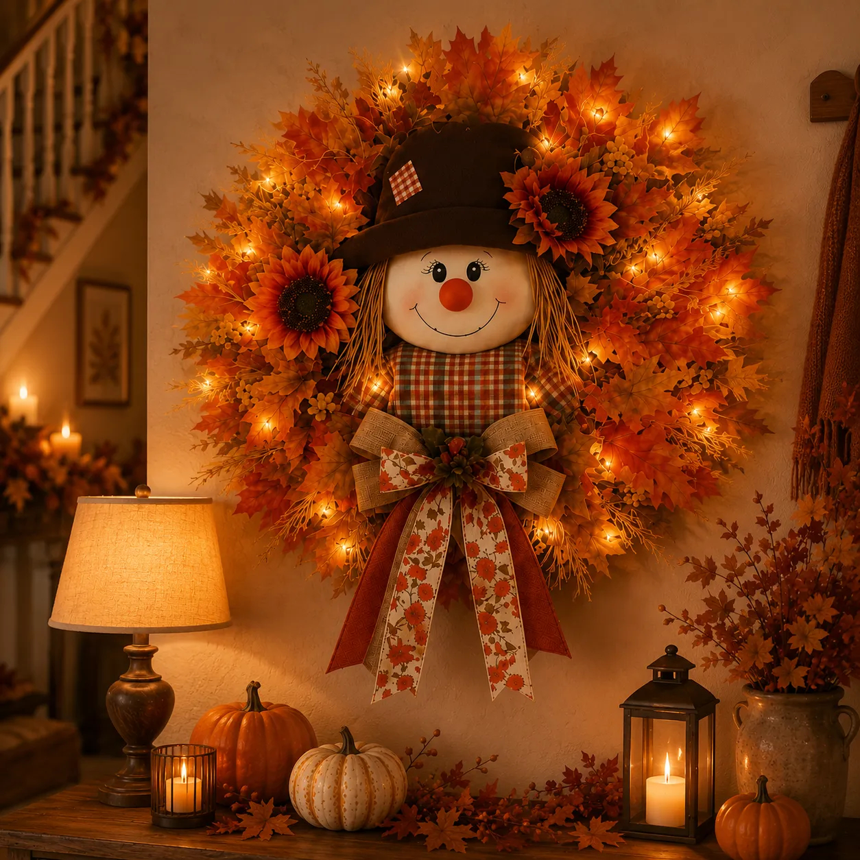 🔥🍁 Fall Favorite – Lighted Scarecrow Front Door Wreath